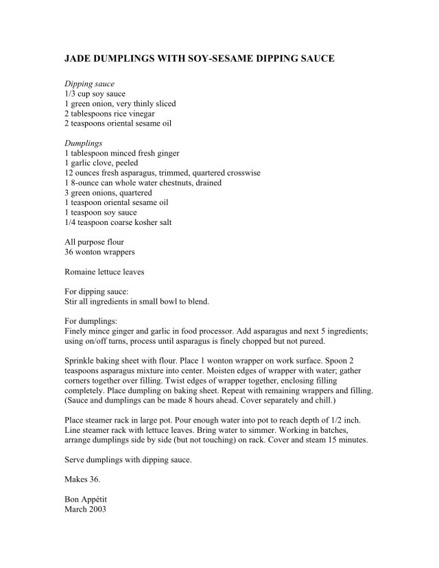 JADE DUMPLINGS WITH SOY-Sesame Dipping Sauce