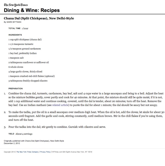 NY Times Recipe - Chana Dal