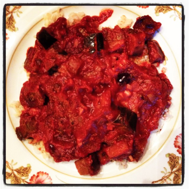 eggplant stew and brown rice