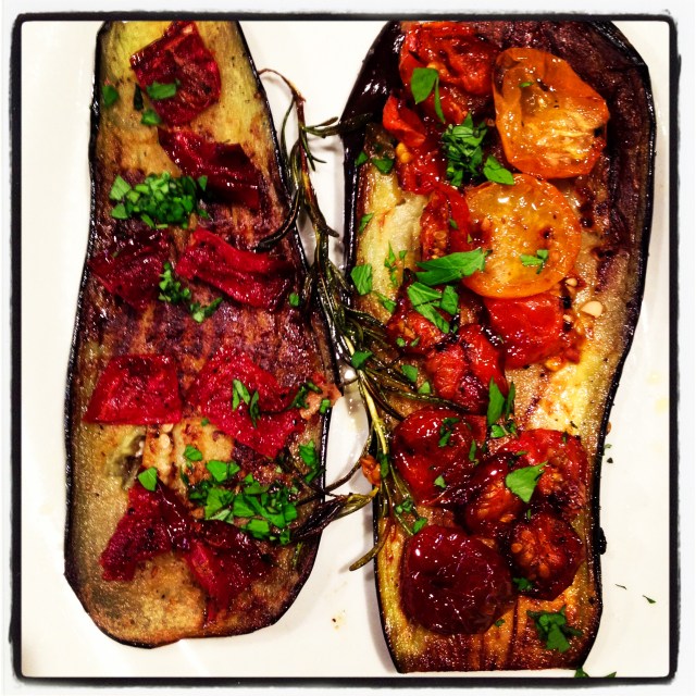 ovendried cherry tomatoes and eggplant