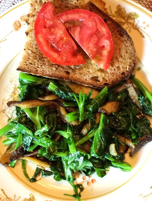bread and tomato, shitakes and greens