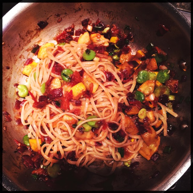 pasta and sauce in pot