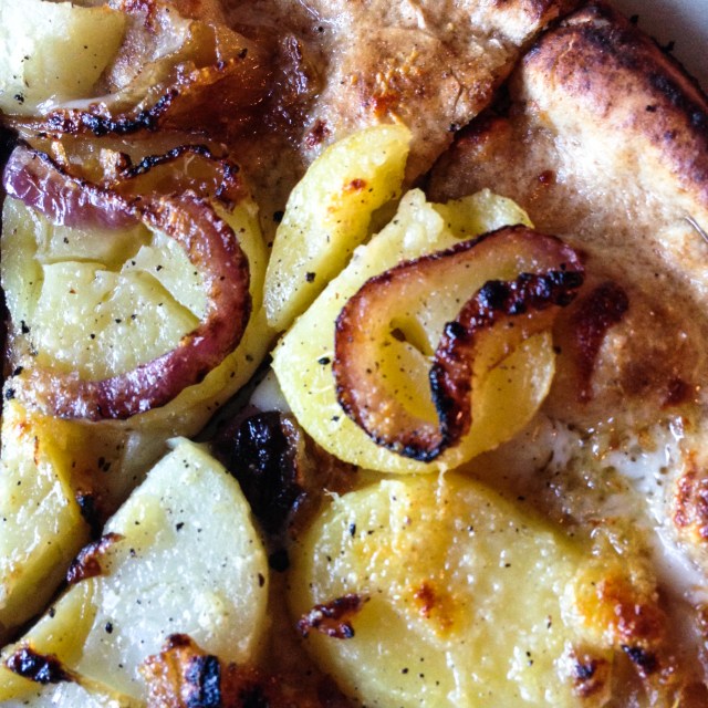 potato, red onion and pecorino closeup