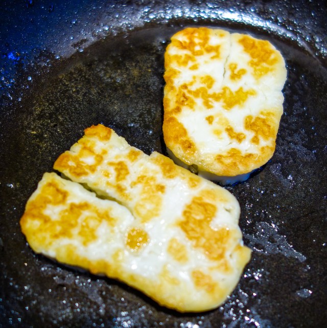 Halloumi frying on side two