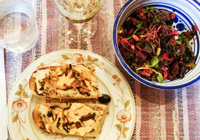 lunch of ficelle, hummus, and beet-micro greens salad