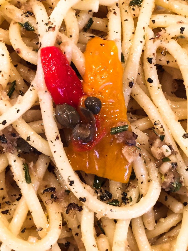 Bucatini with anchovies, rosemary and garlic-cloeseup