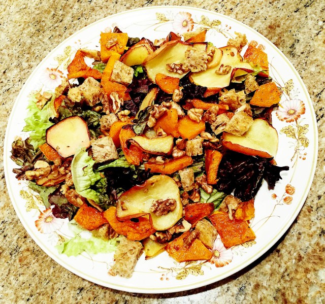 roasted apple slices salad with miso tahini dressing