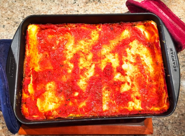baked lasagne out of oven