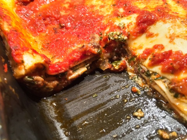 slice of lasagne out of pan