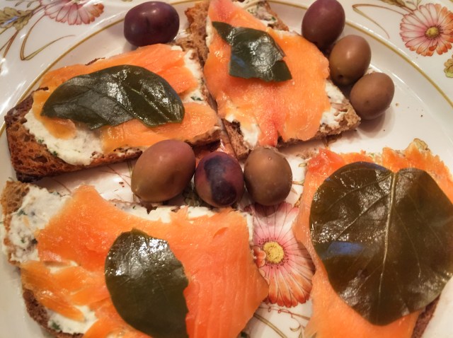 smoked salmon, almond cheese crostini