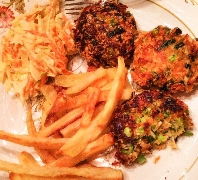 crab cakes, french fries and cole slaw