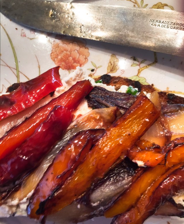 bruschetta with peppers and ricotta and chives