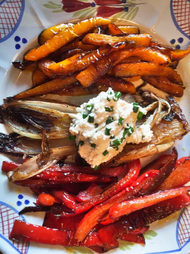 pan-roasted sweet peppers, radicchio, and almond milk ricotta